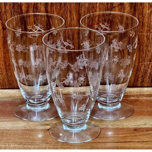 Heisey Chintz Etched Ice Tea Glasses 5.5” vintage bird butterfly floral 3piece